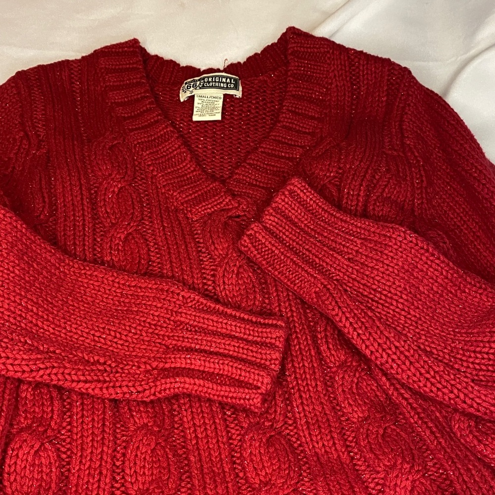 Women Red Sweater Knit Sparkle V-Neck Cotton Route 66 Co Christmas Small